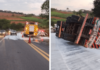 Carreta carregada com leite tomba na Rodovia Alkindar Monteiro Junqueira