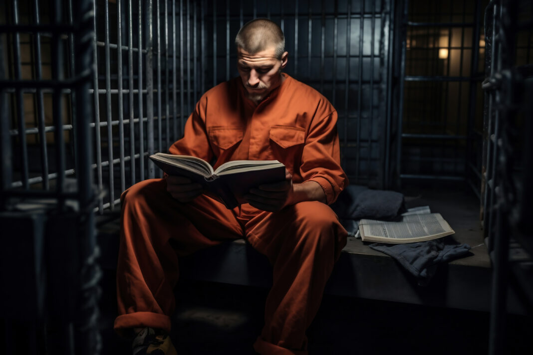 A prisoner or criminal is reading a book in a prison cell while sitting on a bunk. Reeducation of a criminal. Education in prison.