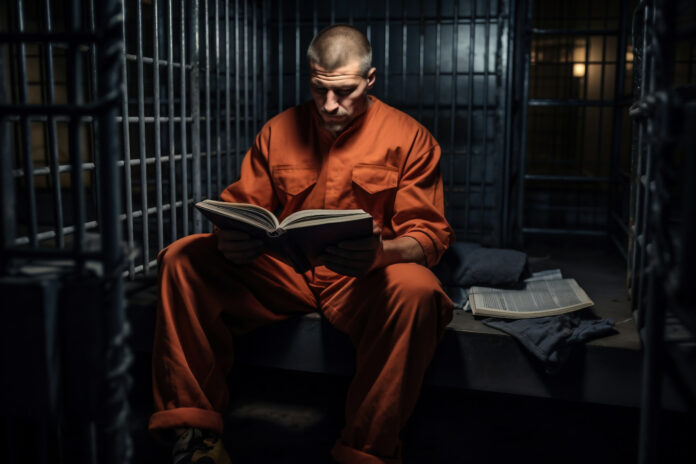 A prisoner or criminal is reading a book in a prison cell while sitting on a bunk. Reeducation of a criminal. Education in prison.