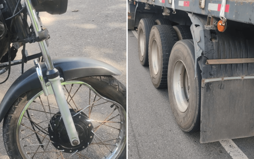 Acidente entre moto e caminhã-min