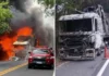 Caminhão carregado com carne pega fogo em rodovia que liga Amparo a Itapira