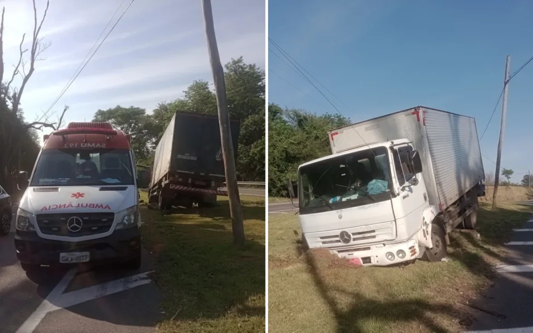 Caminhão perde controle e cai em valeta na Rodovia Benevenuto Moretto, próximo ao Jardim Bonança