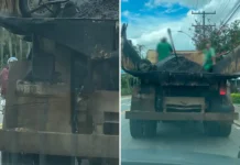 Caminhão é flagrado com trabalhadores na caçamba em situação de risco