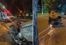 Carro capota após colisão com árvore na Avenida dos Imigrantes, em Bragança Paulista