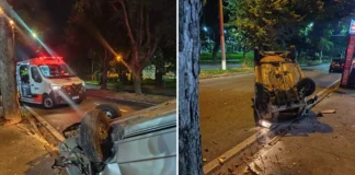 Carro capota após colisão com árvore na Avenida dos Imigrantes, em Bragança Paulista