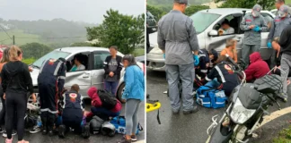 Trevos perigosos: acidente entre carro e moto deixa mulher ferida na Rodovia Capitão Barduíno