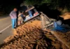 Carreta carregada com cevada tomba na Rodovia Constâncio Cintra