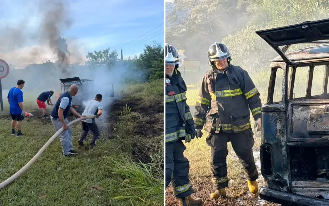 Kombi carregada com recicláveis pega fogo e família perde veículo de trabalho
