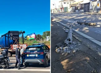 Caminhão derruba poste, deixa moradores sem energia e motorista é levado à delegacia em Bragança Paulista