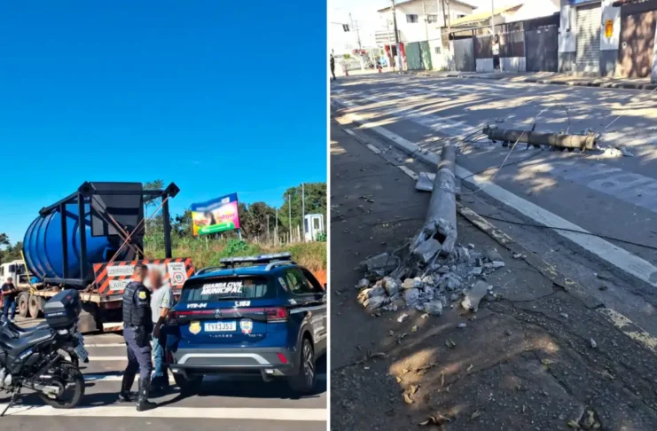 Caminhão derruba poste, deixa moradores sem energia e motorista é levado à delegacia em Bragança Paulista