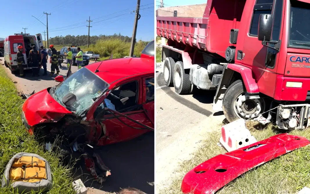 ACIDENTE ENTRE CARRO E CAMINHÃO DEIXA MOTORISTA FERIDA CÃO É ATENDIDO POR EQUIPES DE RESGATE