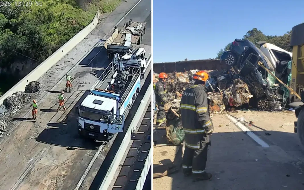 Acidente com oito veículos na Rodovia Dom Pedro I deixa um morto e um ferido grave em Atibaia