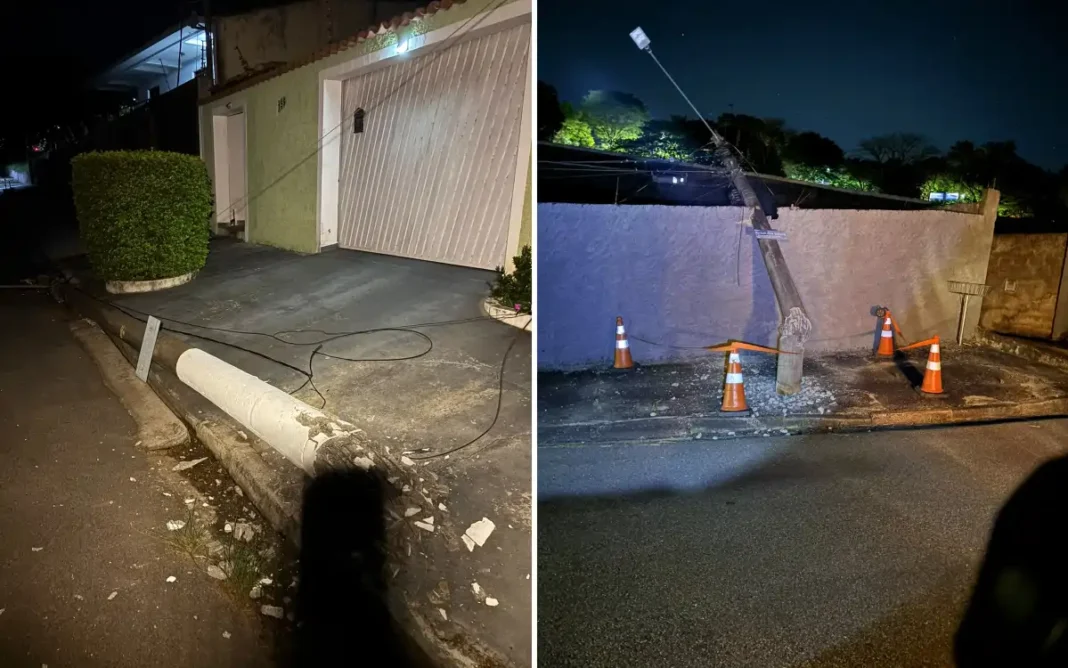 CAMINHÃO ENROSCA EM FIOS DE TELECOMUNICAÇÕES E DERRUBA POSTES NO JARDIM SEVILHA