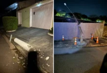 Caminhão enrosca em fios de telecomunicações e derruba postes no Jardim Sevilha, em Bragança Paulista