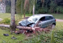 Motorista perde controle de veículo, bate contra árvore e deixa passageiro ferido em Bragança Paulista