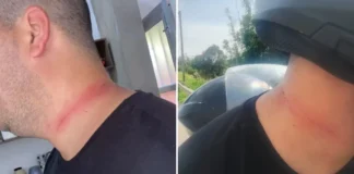 Motociclista é atingido por linha chilena e quase sofre grave acidente em Bragança Paulista