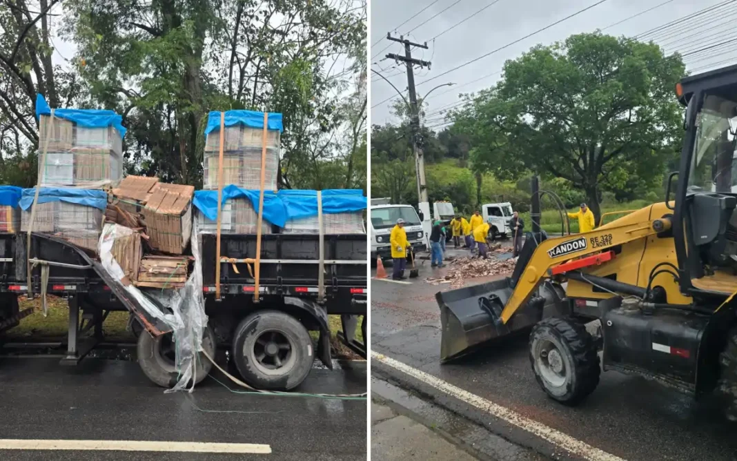 CARRETA PERDE PARTE DA CARGA DE PISOS E INTERDITA PARCIALMENTE AVENIDA