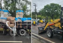 Carreta perde parte da carga de pisos e interdita parcialmente avenida