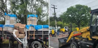 Carreta perde parte da carga de pisos e interdita parcialmente avenida