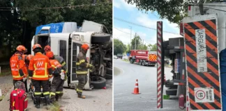 Carreta carregada com bobinas tomba em rotatória de acesso à Rodovia Fernão Dias