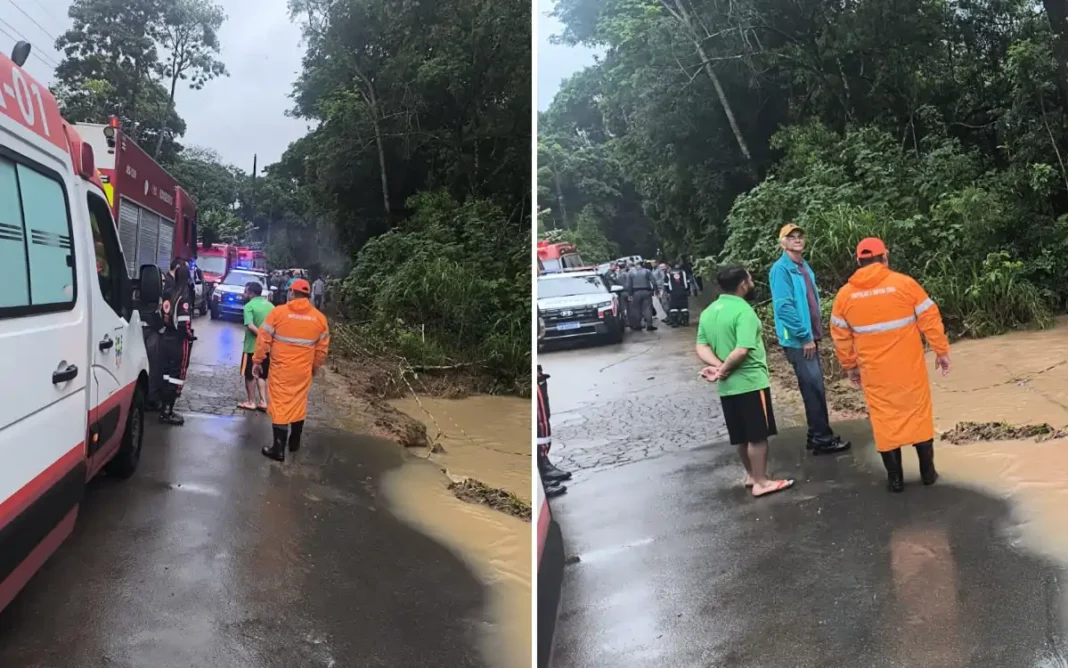 CARRO CAI EM RIBEIRÃO DURANTE FORTES CHUVAS EM PINHALZINHO MERGULHADOR DOS BOMBEIROS INICIA BUSCAS