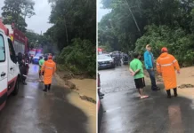 Carro cai em ribeirão durante fortes chuvas em Pinhalzinho; mergulhador dos Bombeiros inicia buscas