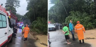 Carro cai em ribeirão durante fortes chuvas em Pinhalzinho; mergulhador dos Bombeiros inicia buscas