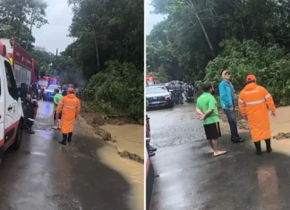 Carro cai em ribeirão durante fortes chuvas em Pinhalzinho; mergulhador dos Bombeiros inicia buscas