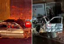 Caminhão de sucata enrosca em fiação, danifica poste e carcaça de Escort cai na via na Zona Norte