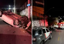 Motorista perde o controle de Peugeot branco, bate em poste e capota na região do Lavapés