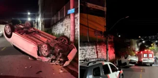 Motorista perde o controle de Peugeot branco, bate em poste e capota na região do Lavapés